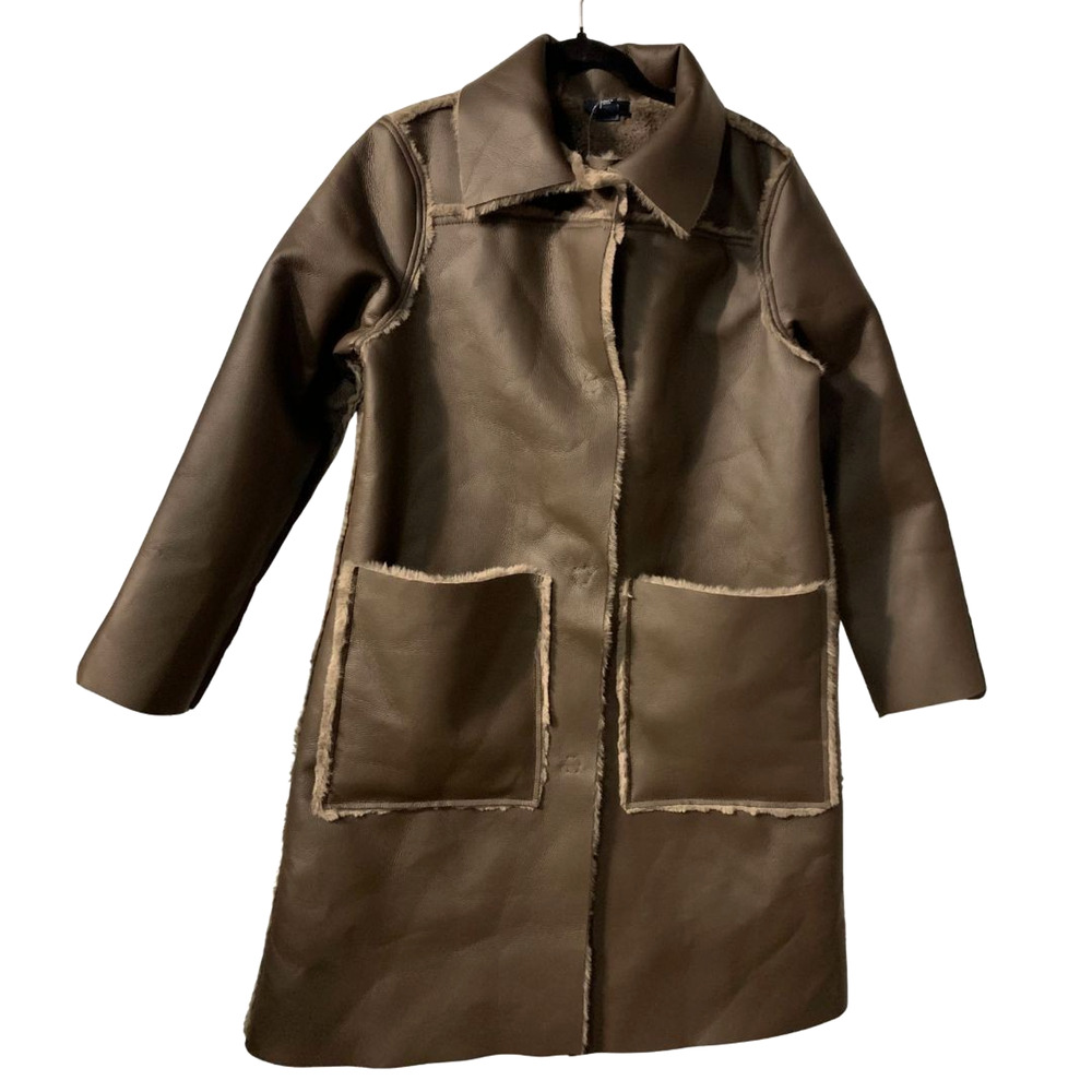 Maeve Women's Faux Leather Coat Petite Size MP NEW Brown Faux Fur Trim Retro